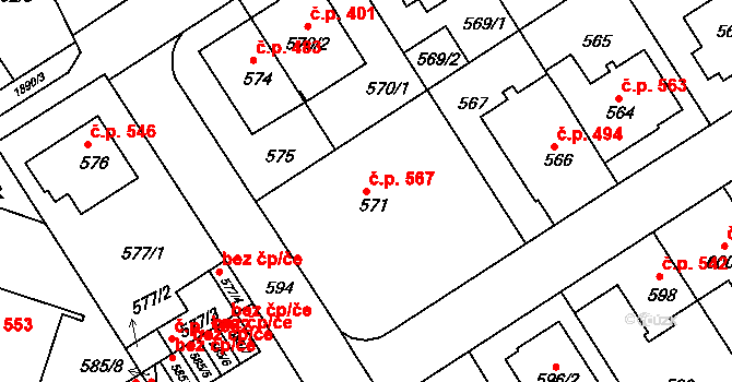 Komín 567, Brno na parcele st. 571 v KÚ Komín, Katastrální mapa