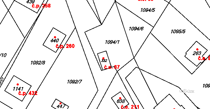 Skalice 87, Frýdek-Místek na parcele st. 332 v KÚ Skalice u Frýdku-Místku, Katastrální mapa