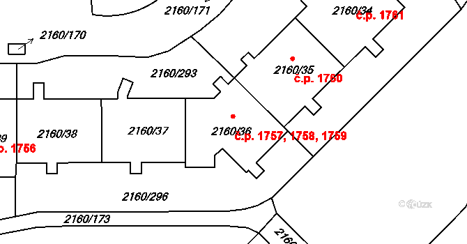 Stodůlky 1757,1758,1759, Praha na parcele st. 2160/36 v KÚ Stodůlky, Katastrální mapa