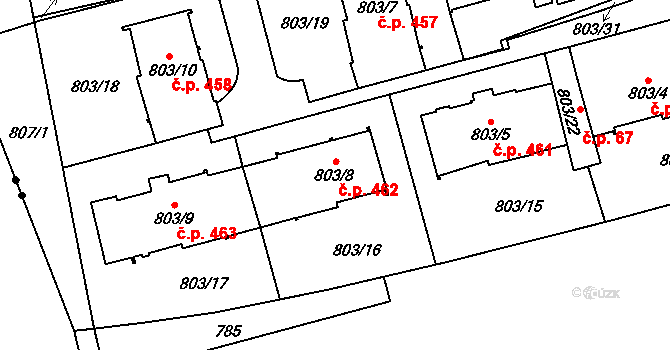 Nebušice 462, Praha na parcele st. 803/8 v KÚ Nebušice, Katastrální mapa