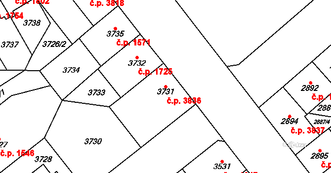Chomutov 3836 na parcele st. 3731 v KÚ Chomutov I, Katastrální mapa