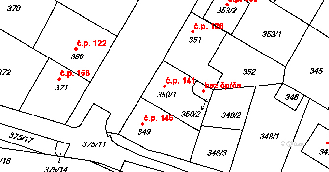 Křimice 141, Plzeň na parcele st. 350/1 v KÚ Křimice, Katastrální mapa