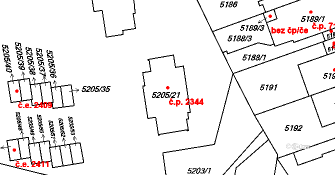 Východní Předměstí 2344, Plzeň na parcele st. 5205/21 v KÚ Plzeň, Katastrální mapa