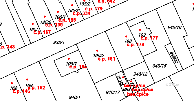 Hylváty 181, Ústí nad Orlicí na parcele st. 190/2 v KÚ Hylváty, Katastrální mapa