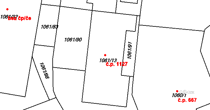 Skvrňany 1127, Plzeň na parcele st. 1061/13 v KÚ Skvrňany, Katastrální mapa