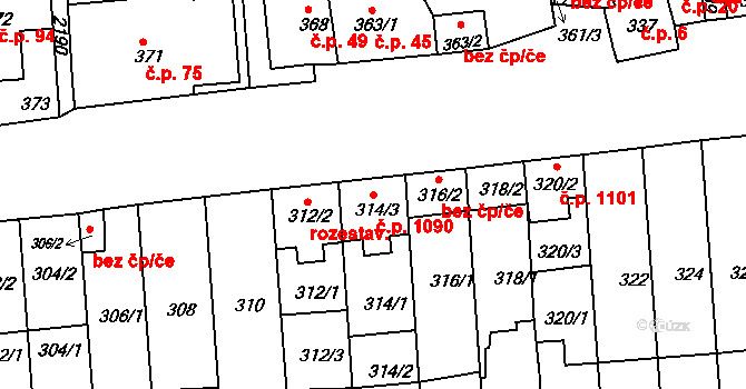 Střešovice 1090, Praha na parcele st. 314/3 v KÚ Střešovice, Katastrální mapa