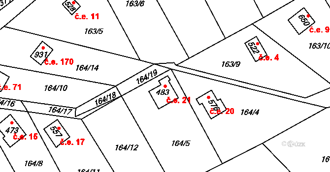 Mladcová 21, Zlín na parcele st. 483 v KÚ Mladcová, Katastrální mapa