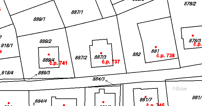 Bystřice nad Pernštejnem 737 na parcele st. 887/3 v KÚ Bystřice nad Pernštejnem, Katastrální mapa