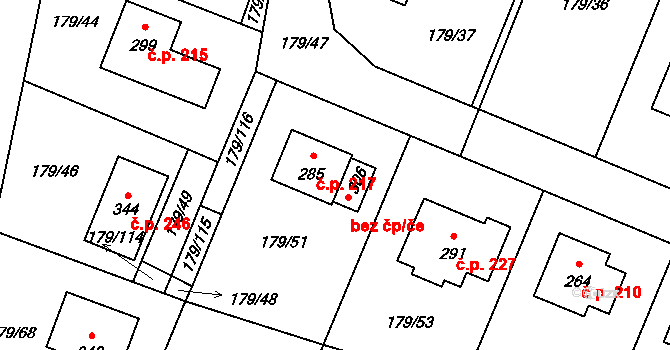 Břežany II 217 na parcele st. 285 v KÚ Břežany II, Katastrální mapa