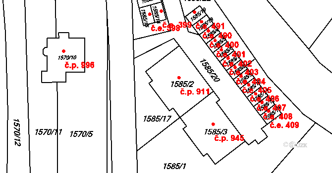 Bučovice 911 na parcele st. 1585/2 v KÚ Bučovice, Katastrální mapa