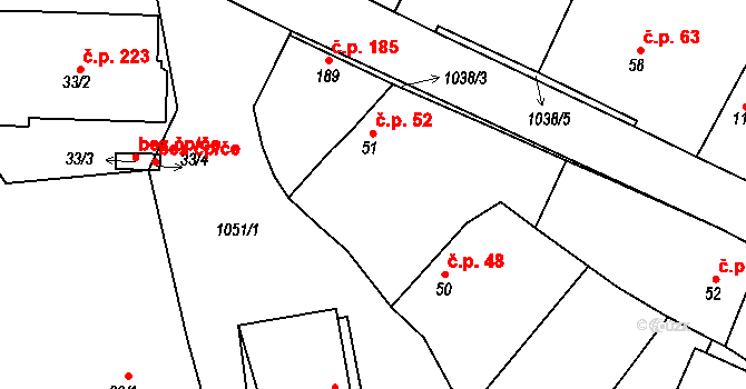 Tuhaň 52 na parcele st. 51 v KÚ Tuhaň, Katastrální mapa