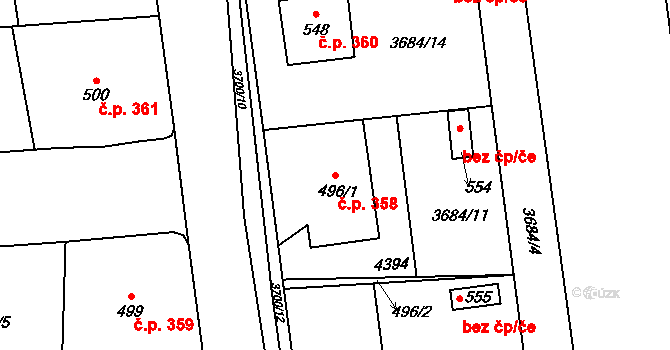 Kožlany 358 na parcele st. 496/1 v KÚ Kožlany, Katastrální mapa