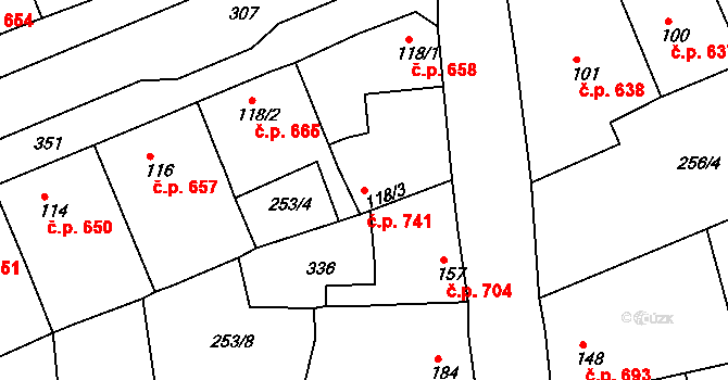 Rudná 741 na parcele st. 118/3 v KÚ Hořelice, Katastrální mapa