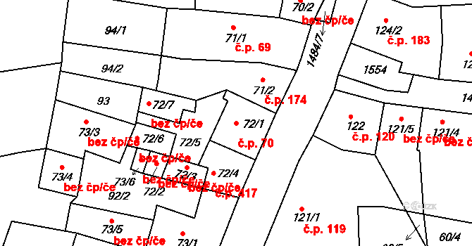 Lhenice 70 na parcele st. 72/1 v KÚ Lhenice, Katastrální mapa