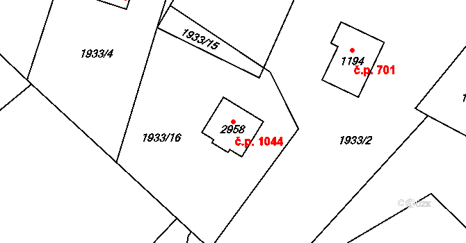 Horní Bečva 1044 na parcele st. 2958 v KÚ Horní Bečva, Katastrální mapa