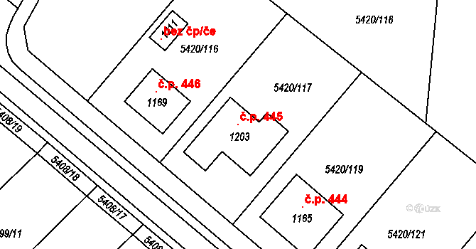 Novosedly 445 na parcele st. 1203 v KÚ Novosedly na Moravě, Katastrální mapa