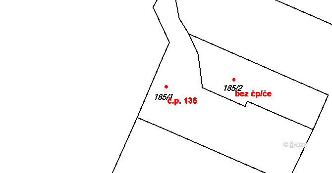 Guty 136, Třinec na parcele st. 185/1 v KÚ Guty, Katastrální mapa
