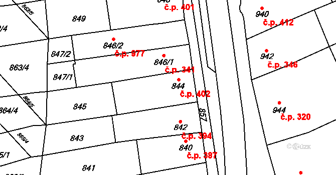 Rajhrad 402 na parcele st. 844 v KÚ Rajhrad, Katastrální mapa