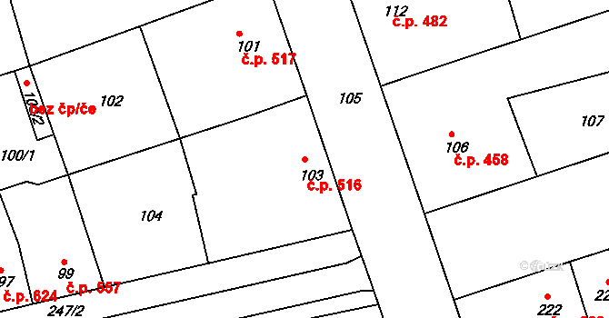 Ratíškovice 516 na parcele st. 103 v KÚ Ratíškovice, Katastrální mapa