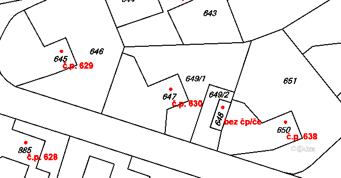 Libušín 630 na parcele st. 647 v KÚ Libušín, Katastrální mapa