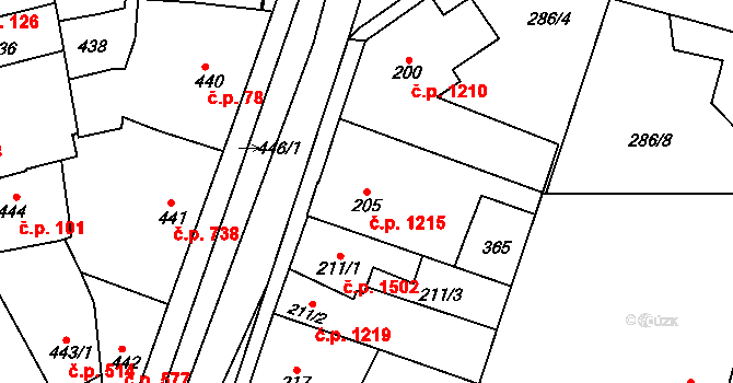 Švermov 1215, Kladno na parcele st. 205 v KÚ Hnidousy, Katastrální mapa