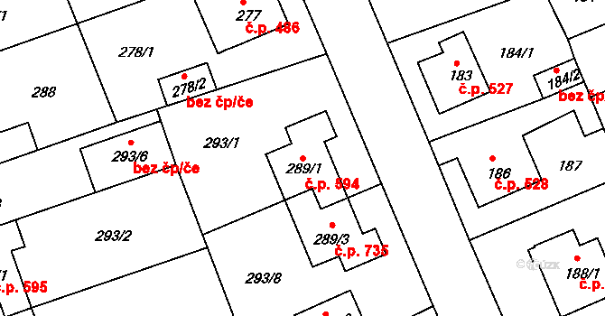 Hrádek nad Nisou 594 na parcele st. 289/1 v KÚ Hrádek nad Nisou, Katastrální mapa