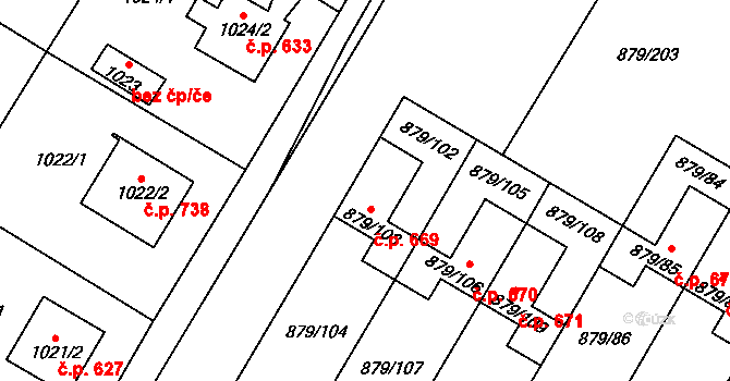 Kosmonosy 669 na parcele st. 879/103 v KÚ Kosmonosy, Katastrální mapa