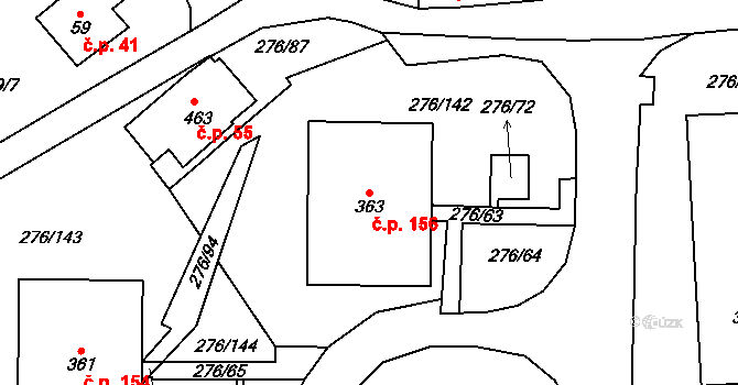 Děčín XXVII-Březiny 156, Děčín na parcele st. 363 v KÚ Březiny u Děčína, Katastrální mapa