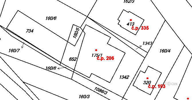 Malenovice 206 na parcele st. 175/1 v KÚ Malenovice, Katastrální mapa