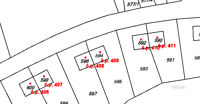 Svatava 409 na parcele st. 594 v KÚ Svatava, Katastrální mapa