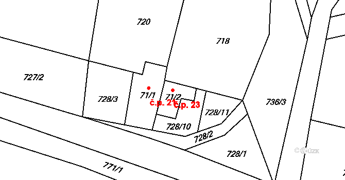 Orasín 23, Boleboř na parcele st. 71/2 v KÚ Orasín, Katastrální mapa