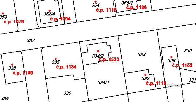 Dubeč 1533, Praha na parcele st. 334/2 v KÚ Dubeč, Katastrální mapa