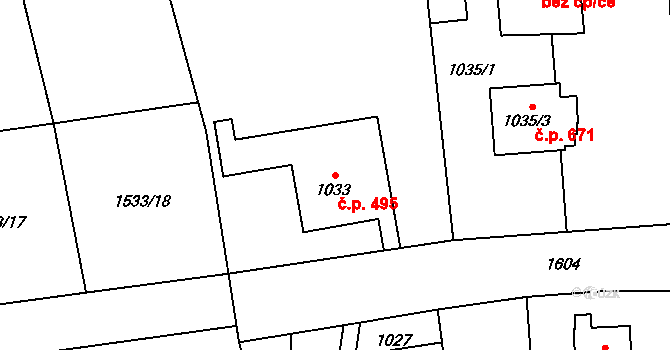 Řeporyje 495, Praha na parcele st. 1033 v KÚ Řeporyje, Katastrální mapa