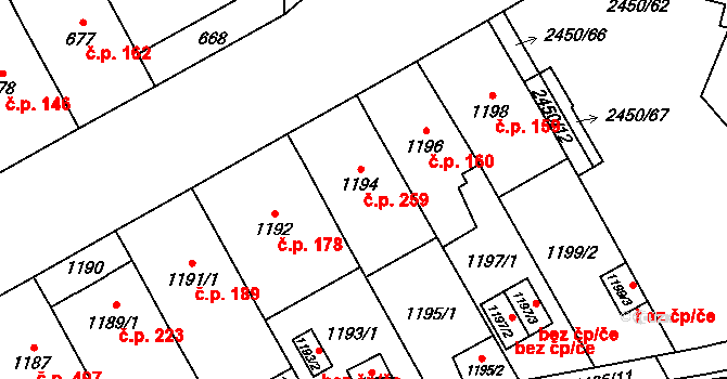 Hostivař 259, Praha na parcele st. 1194 v KÚ Hostivař, Katastrální mapa