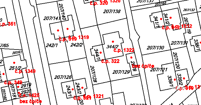 Sezimovo Ústí 322 na parcele st. 344/1 v KÚ Sezimovo Ústí, Katastrální mapa