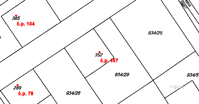 Ohrada 107, Nová Ves I na parcele st. 352 v KÚ Nová Ves I, Katastrální mapa