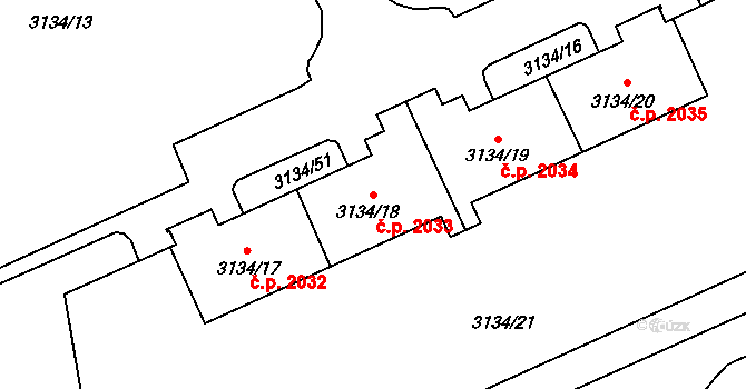 Východní Předměstí 2033, Plzeň na parcele st. 3134/18 v KÚ Plzeň, Katastrální mapa