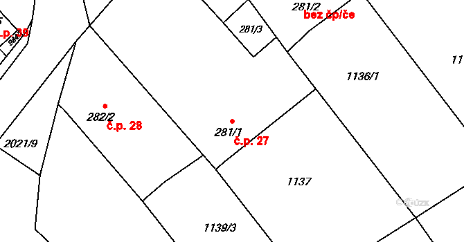 Bělušice 27 na parcele st. 281/1 v KÚ Bělušice, Katastrální mapa