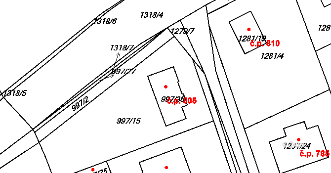 Buštěhrad 805 na parcele st. 997/36 v KÚ Buštěhrad, Katastrální mapa
