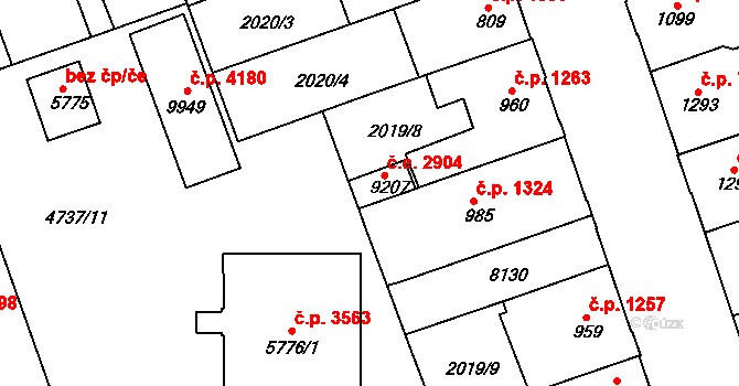 Hodonín 2904 na parcele st. 9207 v KÚ Hodonín, Katastrální mapa