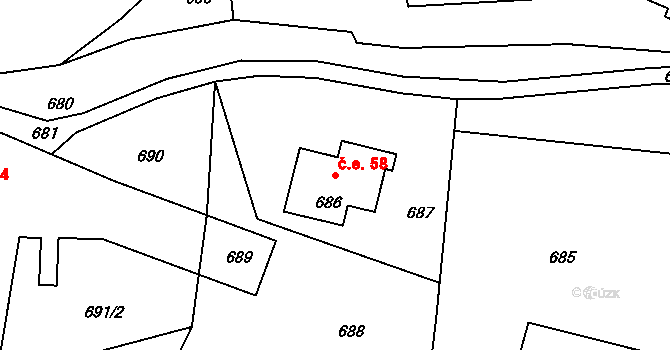 Dolní Chřibská 58, Chřibská na parcele st. 686 v KÚ Dolní Chřibská, Katastrální mapa
