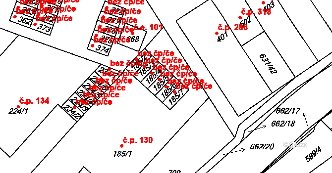Písek 43500684 na parcele st. 185/6 v KÚ Hradiště u Písku, Katastrální mapa