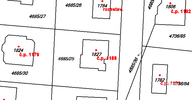 Hrušovany nad Jevišovkou 1188 na parcele st. 1827 v KÚ Hrušovany nad Jevišovkou, Katastrální mapa