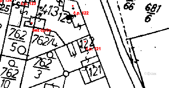 Tři Dvory 121 na parcele st. 122 v KÚ Tři Dvory, Katastrální mapa