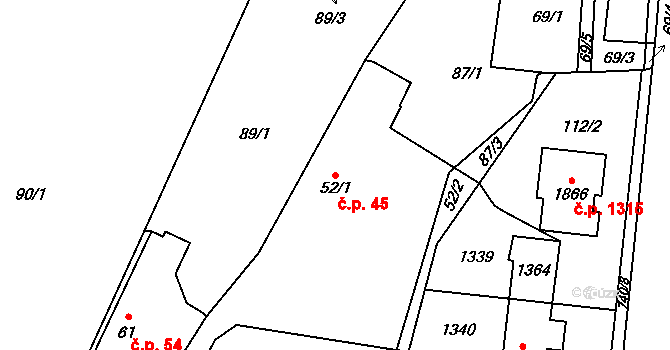 Svítkov 45, Pardubice na parcele st. 52/1 v KÚ Svítkov, Katastrální mapa
