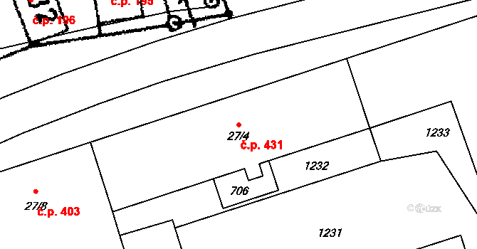 Hrochův Týnec 431 na parcele st. 27/4 v KÚ Hrochův Týnec, Katastrální mapa