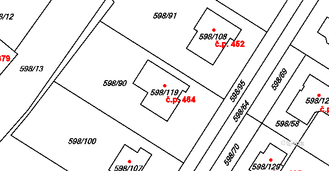 Chotíkov 464 na parcele st. 598/119 v KÚ Chotíkov, Katastrální mapa