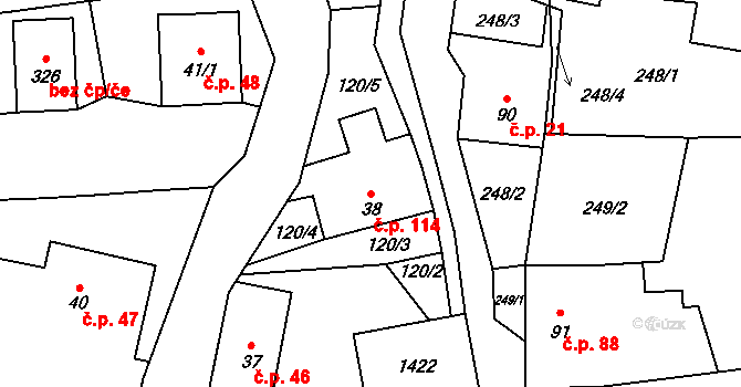 Mošnov 114 na parcele st. 38 v KÚ Mošnov, Katastrální mapa