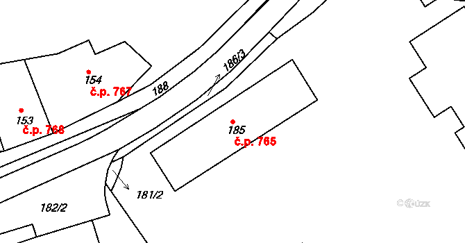 Odry 765 na parcele st. 185 v KÚ Odry, Katastrální mapa
