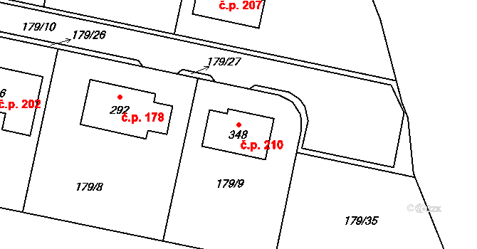 Hradešín 210 na parcele st. 348 v KÚ Hradešín, Katastrální mapa